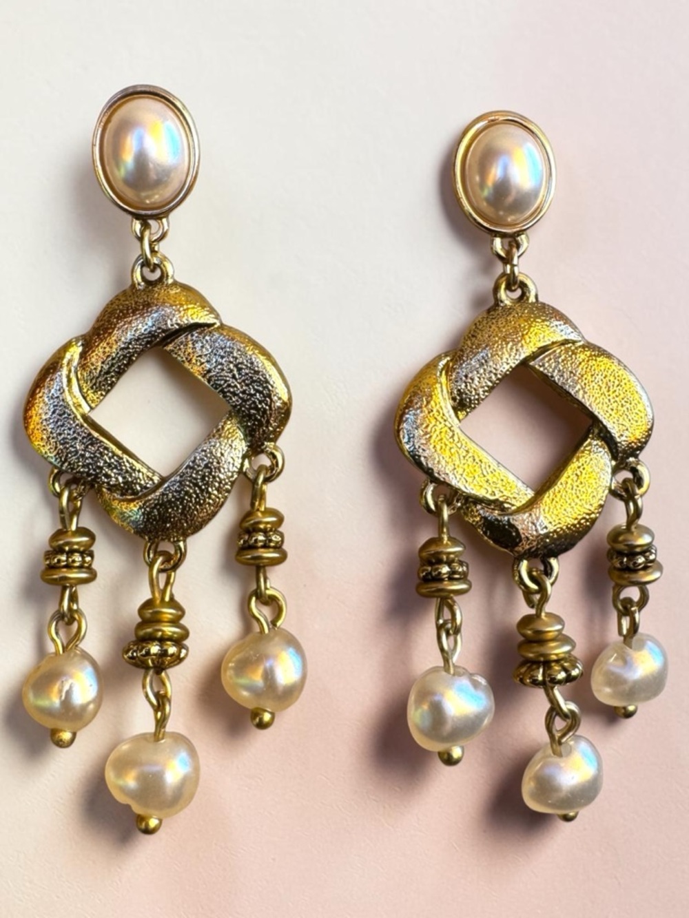 Vintage Runway Couture Chandelier Hammered Gold Plated Earrings With Faux Pearls